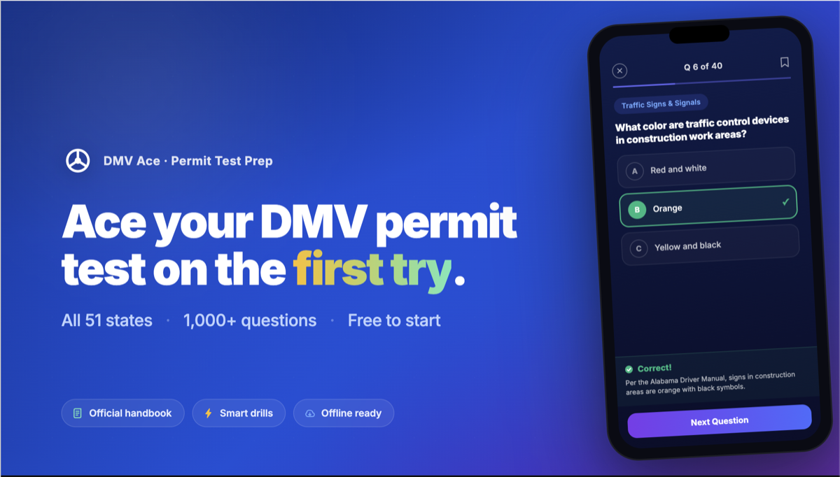 DMV Practice Test 2026 — Free Permit Test Prep · All 51 States | DMV Ace